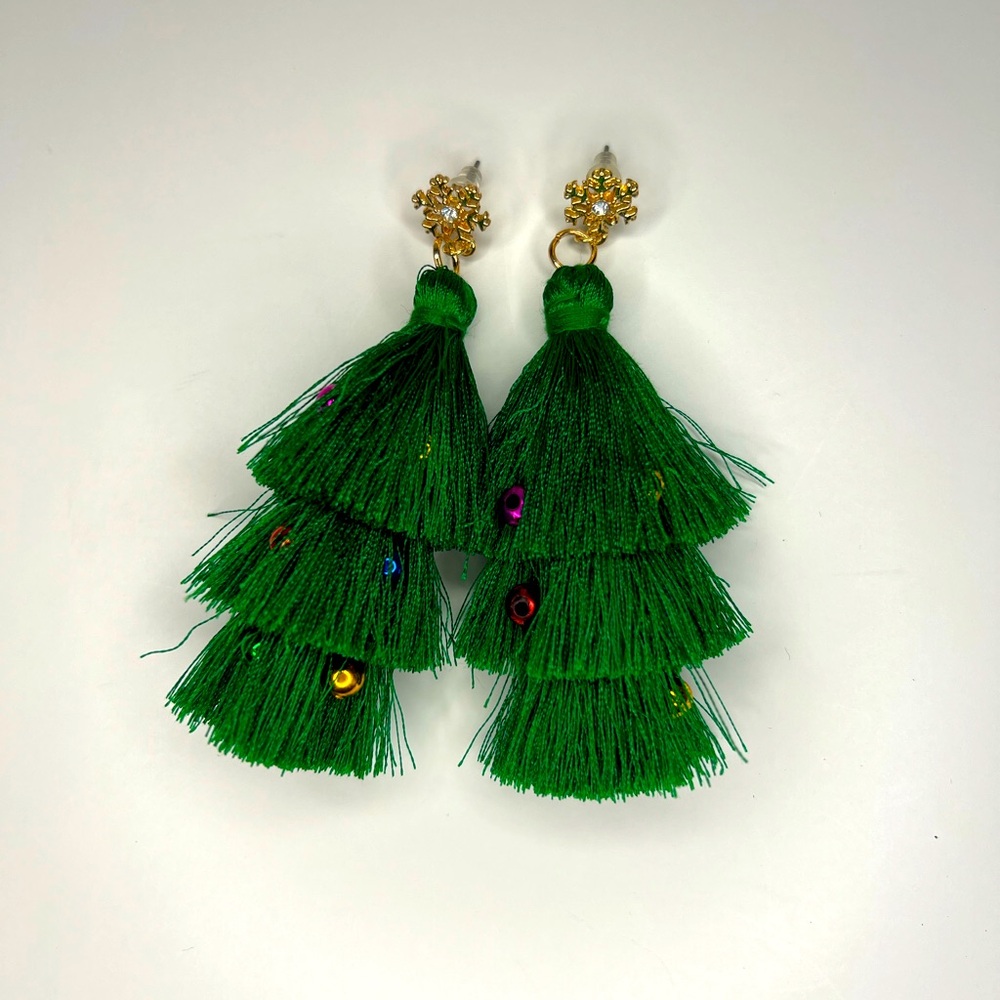 Green Tassel Christmas Tree Earrings